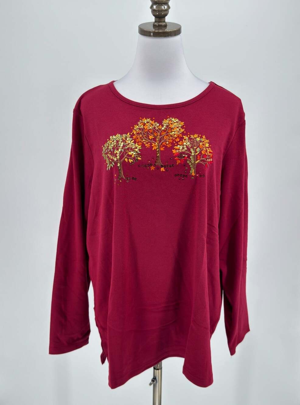 Quacker Factory We Three Trees Burgundy Embroidered Long Sleeve Top Sz 1X NEW